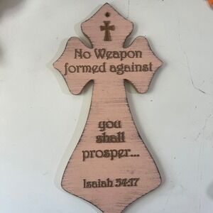 Isaiah 54:17 Wooden Wall Cross Christian Decoration Distressed Pink Bible Verse